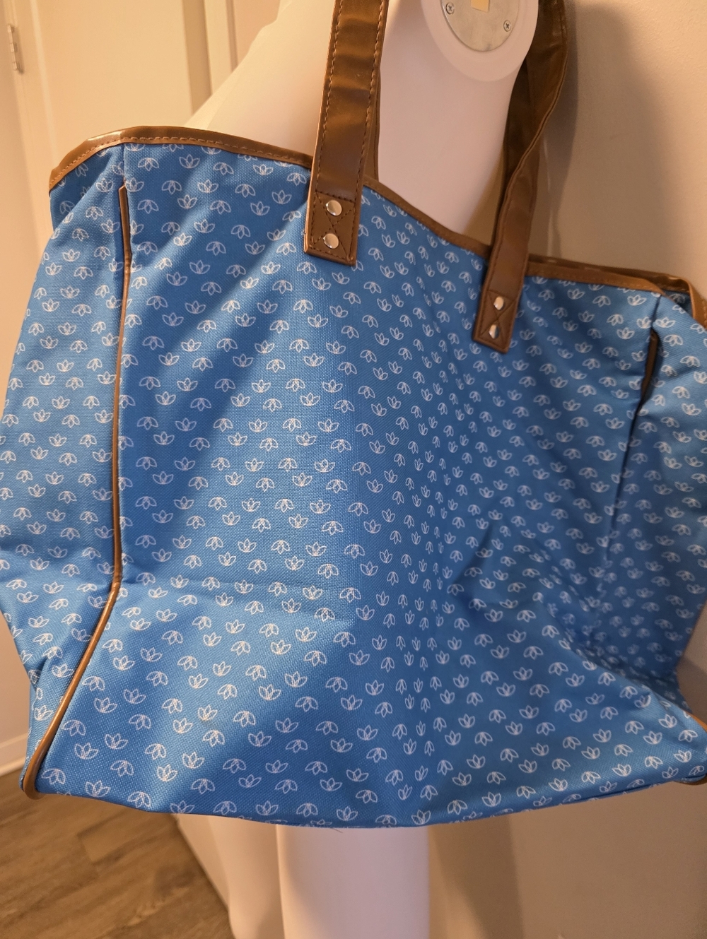 ROAMANS, LG,Blue Patterned Canvas Tote Bag with Brown Trim